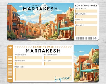 Boleto de viaje sorpresa a MARRAKECH digital, tarjeta de embarque imprimible en Marruecos, boleto de vacaciones imprimible, vale de regalo de vacaciones, regalo editable