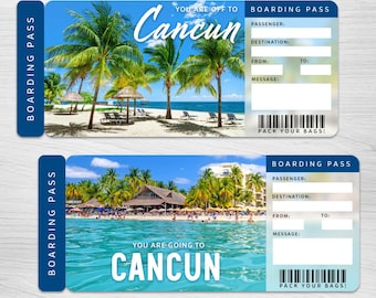 May include: Two boarding pass designs with tropical beach scenes, palm trees, and the word "Cancun." The top pass reads "You are off to Cancun," and the bottom one says "You are going to Cancun." Both include fields for passenger details and a barcode.