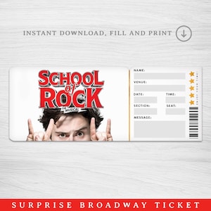 Druckbare School of Rock Broadway Überraschungskarte, Musical Sammlertheaterkarte, sechs bearbeitbare Musiktheater Faux Event-Eintritt