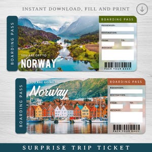 Digitales NORWEGEN Überraschungsticket, NORWEGEN druckbare Bordkarte, druckbare Urlaubskarte, Urlaubsgeschenkgutschein, bearbeitbares Geschenk