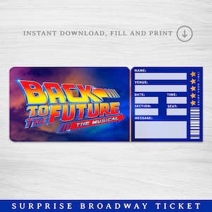 Druckbare Zurück in die Zukunft Broadway Surprise Ticket, Zurück in die Zukunft das Musical Collectible Theaterticket, bearbeitbare Musikshow