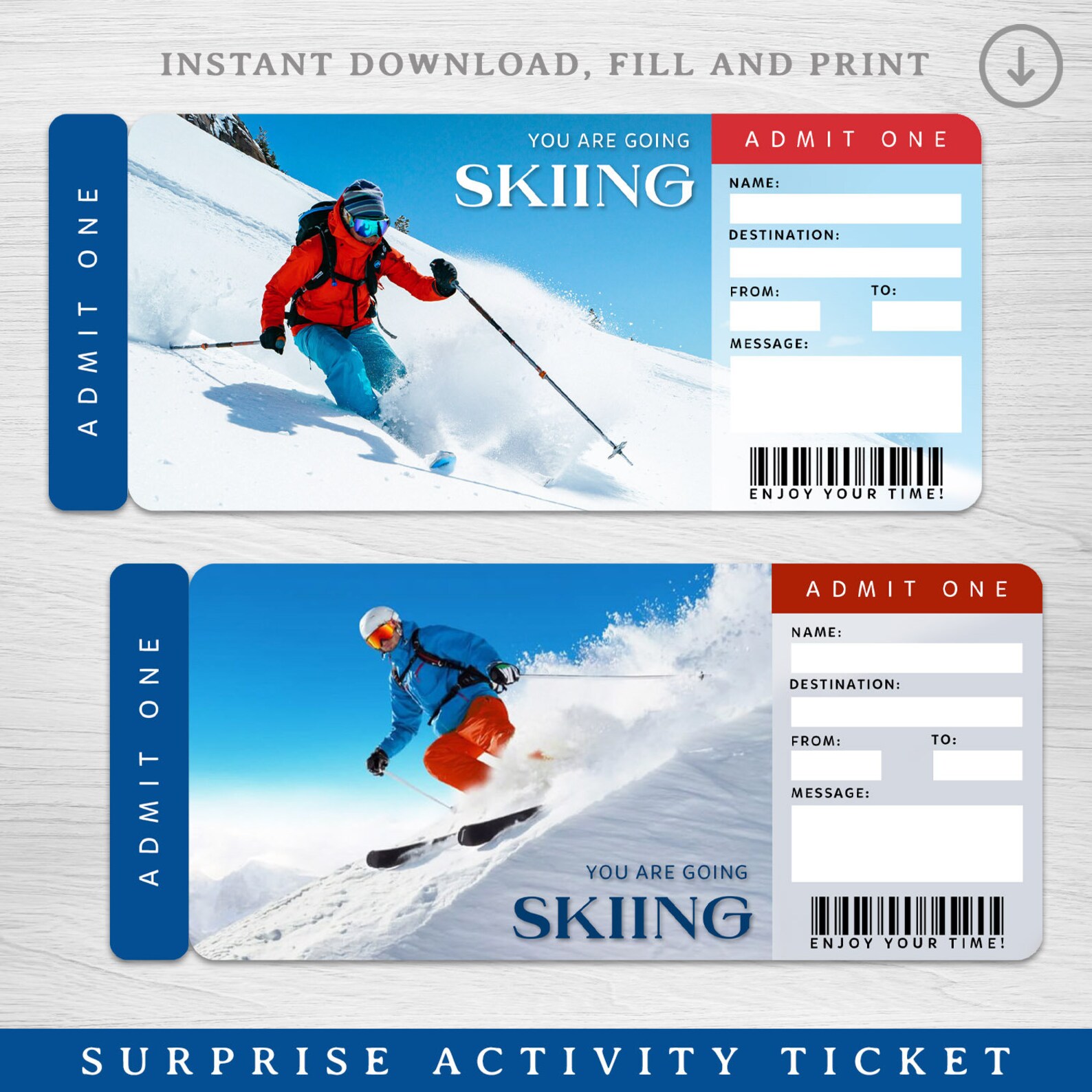 Digital SKIING Surprise Trip Gift Ticket, Printable Trip Ticket ...