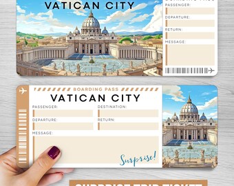 May include: A printable boarding pass ticket with a picture of St. Peter's Basilica in Vatican City. The ticket says "You are going to Vatican City" and "Boarding Pass".