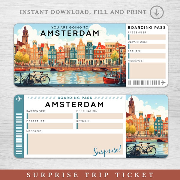 Digitales AMSTERDAM-Überraschungsreiseticket, druckbare HOLLAND-Bordkarte, druckbares Urlaubsticket, Urlaubsgeschenkgutschein, bearbeitbares Geschenk