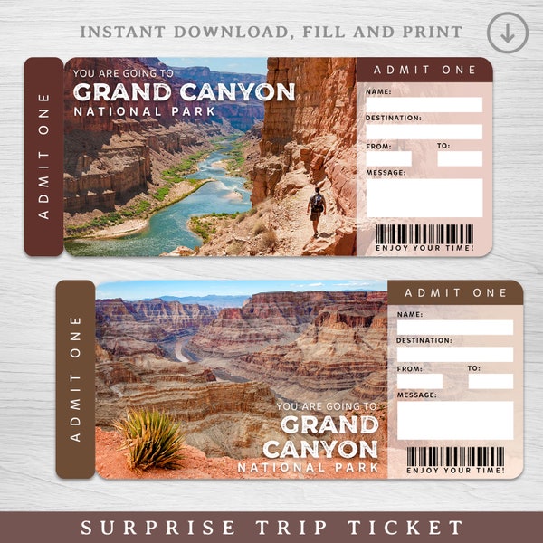 Digital Grand Canyon Surprise Trip Gift Ticket, Printable Grand Canyon Boarding Pass, Printable Vacation Ticket, Editable Trip Ticket