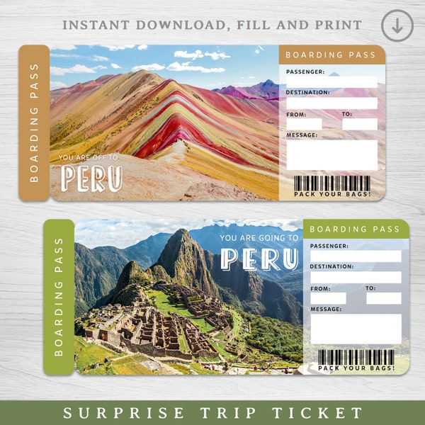 Digitales PERU Surprise Trip Gift Ticket, Südamerika druckbare Bordkarte druckbare Urlaubskarte Bearbeitungsbare Reisekarte Urlaubsticket