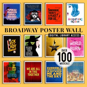 Può includere: Una collezione di dodici poster di musical di Broadway con vari design grafici, tipografie e citazioni. L'esposizione include testi come Supercalifragilisticexpialidocious, Luck Be a Lady Tonight e World Burn, con un'etichetta di accesso alla biblioteca digitale.