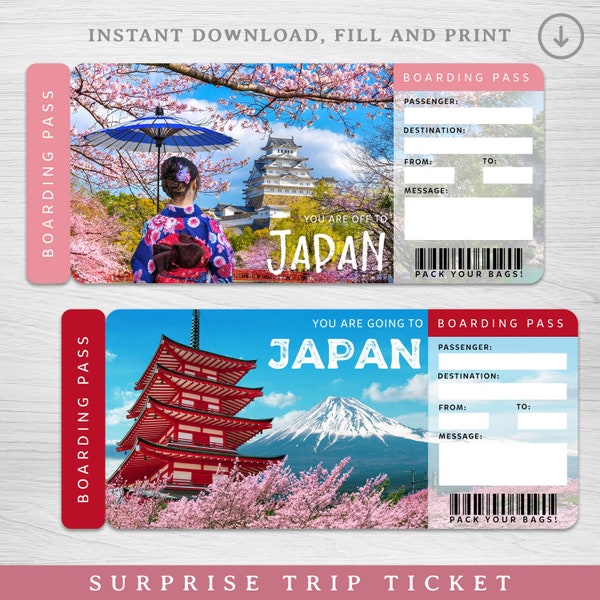 Printable JAPAN Surprise Trip Gift Ticket, Printable Boarding Pass, Japan Printable Vacation Ticket Editable Trip Ticket Vacation Ticket