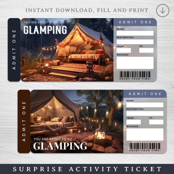 Digital GLAMPING Surprise Gift Ticket, Glamping Trip Reveal Ticket, Glamping Editable Event Ticket Template, Experience Gift Voucher