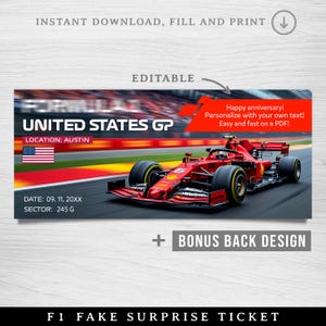 Druckbares Formelticket, USA-GP-Faux-Karte, bearbeitbares US-Rennticket, Rennandenken-Eintrittskarte, Überraschungsgeschenkkarte für ein Rennen