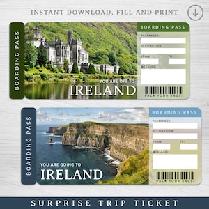 Digitales Irland Überraschungsticket, Irland druckbare Bordkarte, druckbare Urlaubskarte, Urlaubsgeschenkgutschein, bearbeitbares Geschenk