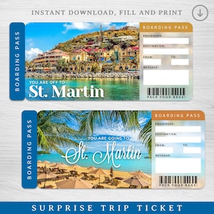 Billet-cadeau numérique pour voyage surprise pour la Saint-Martin, carte d'embarquement imprimable pour Saint-Martin, Billet vacances surprise à imprimer, bon-cadeau de voyage