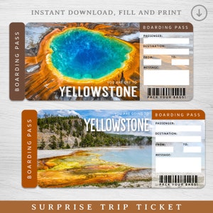 Cyfrowy bilet na wycieczkę Yellowstone Surprise, bilet na pokład do druku, bilet na wakacje do druku, edytowalny bilet na wycieczkę, bilet na wakacje