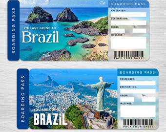 Digital BRAZIL Surprise Trip Ticket, Rio de Janeiro Printable Boarding Pass, Printable Vacation Ticket, Vacation Gift Voucher, Editable Gift
