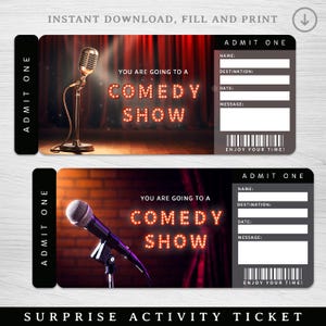 Druckbares COMEDY SHOW Surprise Reveal Ticket, Stand-Up Comedian Geschenkgutschein, Stand Up Comedy Event-Einladung, lustige Idee für ein Date Night