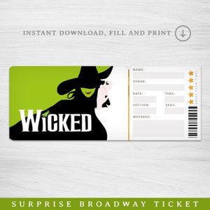 Druckbare Wicked Broadway Überraschungskarte, Wicked Musical Collectible Theaterkarte, bearbeitbares Musiktheater Faux Event Eintritt Souvenir