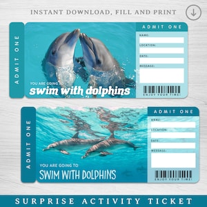 Digital Swim with DOLPHINS Surprise Trip Geschenkkarte, Delfinbegegnung Surprise Reveal, druckbare Überraschungsschwimmkarte mit Delfinen