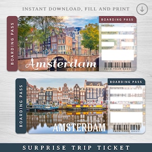 Digitales AMSTERDAM Surprise Trip Ticket, HOLLAND druckbare Bordkarte, druckbare Urlaubskarte, Urlaubsgeschenkgutschein, bearbeitbares Geschenk