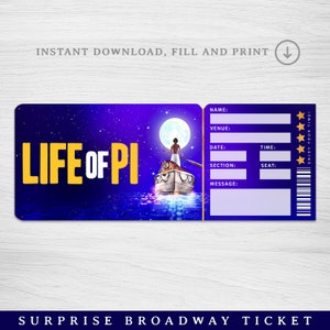 Druckbares Leben von Pi Broadway Surprise Ticket, Musical Collectible Theater Ticket Bearbeitbares Musical Theater Faux Event Eintritt Souvenir