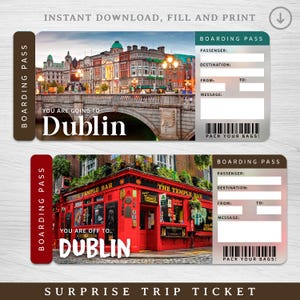 Billet numérique de voyage surprise à DUBLIN, carte d'embarquement imprimable IRLANDE, billet de vacances imprimable, bon cadeau vacances en Europe, cadeau modifiable