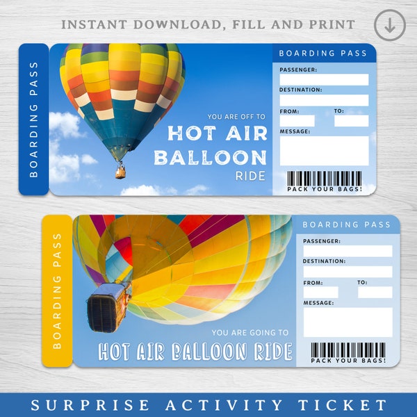 Digital Hot Air Balloon Surprise Trip Gift Ticket, Printable Trip Ticket, Printable Vacation Ticket Editable Trip Ticket Vacation Ticket