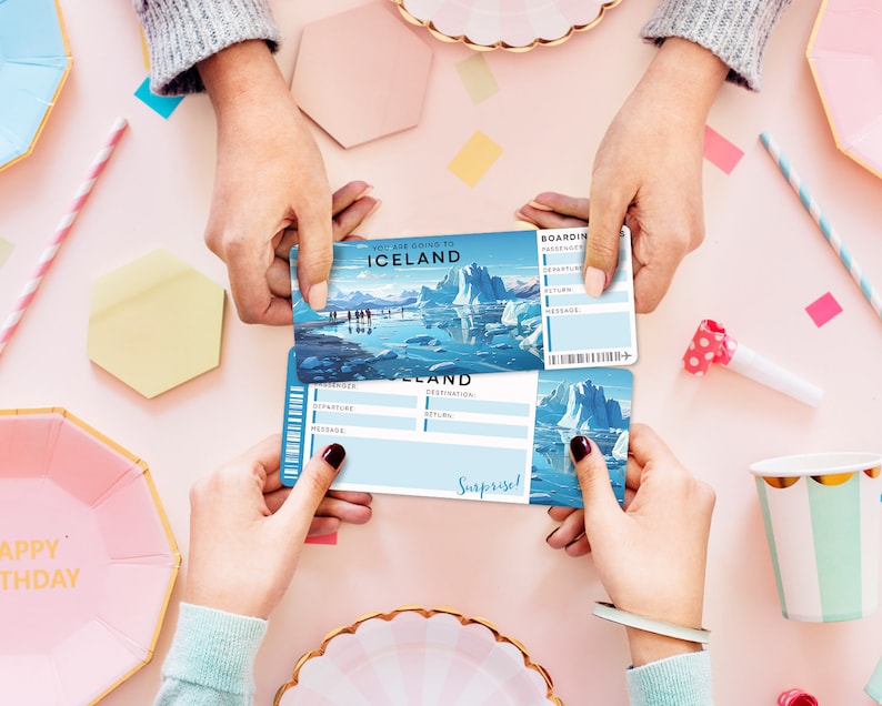 May include: Two people holding a blue and white boarding pass with the text "You are going to Iceland" and "Boarding Pass". The pass has a picture of a glacier and a sailboat.