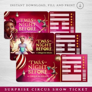 Billet imprimable Twas the night before, Billet surprise du Cirque du Soleil, Billet d'entrée à un faux événement, Billet cadeau surprise, Souvenir