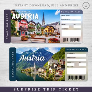 Digital AUSTRIA Surprise Trip Ticket, Austria Printable Boarding Pass, Printable Vacation Ticket, Vacation Gift Voucher, Editable Gift
