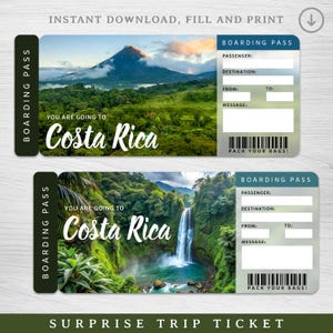 Billet numérique de voyage surprise au COSTA RICA, carte d'embarquement imprimable Costa Rica, billet de vacances imprimable, bon cadeau vacances, cadeau modifiable