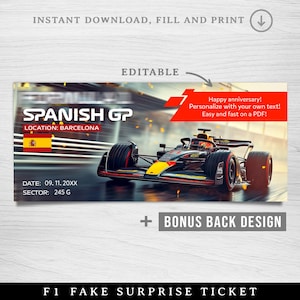 Afdrukbaar formuleticket, nepticket GP Spanje, bewerkbaar raceticket Spanje, aandenkenticket, verrassingsracecadeau, Barcelona Bolid-race