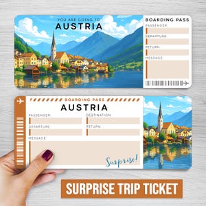 Digital AUSTRIA Surprise Trip Ticket, Austria Printable Boarding Pass, Printable Vacation Ticket, Vacation Gift Voucher, Editable Gift