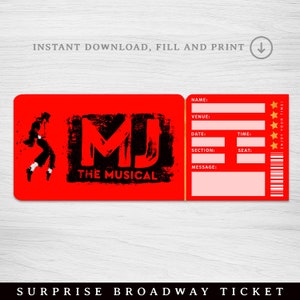 Druckbare MJ Broadway Surprise Ticket, MJ die musikalische Sammler Theaterkarte, bearbeitbares Musiktheater Faux Event Eintritt Souvenir