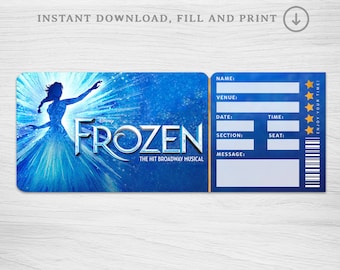 Afdrukbaar Frozen Broadway Surprise Ticket, Frozen the Musical Collectible Theatre Ticket, bewerkbare toegang tot muziektheater Faux Event