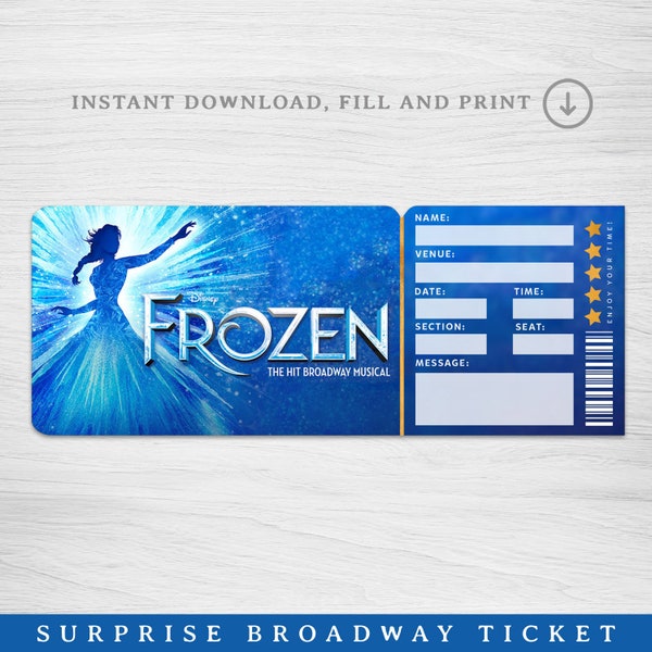 Druckbare Frozen Broadway Surprise Ticket, Frozen the Musical Collectible Theater Ticket, bearbeitbares Musical Theater Faux Event Eintritt