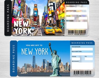 Biglietto regalo a sorpresa per un viaggio digitale a New York︱Carta d'imbarco di New York︱Buono regalo stampabile︱Viaggio a sorpresa