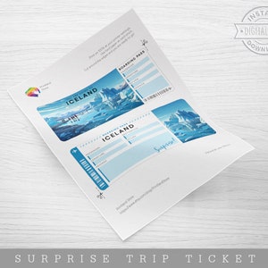 May include: Printable boarding pass ticket for a trip to Iceland. The ticket features a blue and white design with a picture of a glacier and the text "Boarding Pass Iceland".