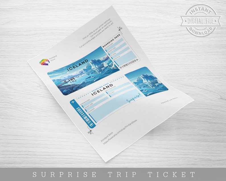May include: Printable boarding pass ticket for a trip to Iceland. The ticket features a blue and white design with a picture of a glacier and the text "Boarding Pass Iceland".