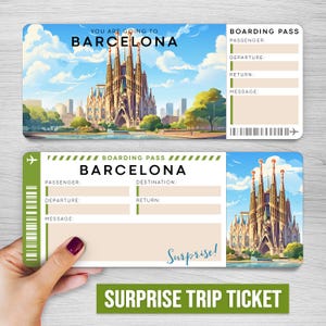 Digitales BARCELONA Surprise Trip Ticket, SPANIEN druckbare Bordkarte, druckbare Urlaubskarte, Urlaubsgeschenkgutschein, bearbeitbares Geschenk