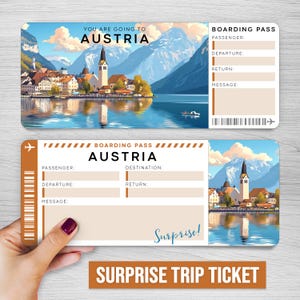 Digital AUSTRIA Surprise Trip Ticket, Austria Printable Boarding Pass, Printable Vacation Ticket, Vacation Gift Voucher, Editable Gift