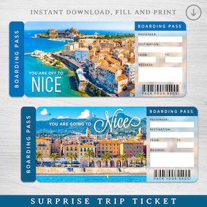 Könnte beinhalten: Zwei blaue und weiße druckbare Bordkarten mit einem Foto der Stadt Nizza, Frankreich. Der Text auf den Bordkarten lautet "You are off to Nice" und "You are going to Nice".