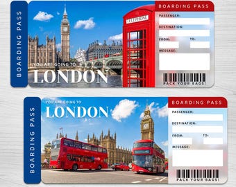May include: Two printable boarding passes with a London theme. The top pass features a red telephone booth and Big Ben. The bottom pass features a red double-decker bus and Big Ben. Both passes have the text "You are going to London" and "Pack your bags!"
