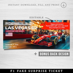 Boleto de Fórmula 1 imprimible, boleto falso del GP de Las Vegas, boleto editable para una carrera de Las Vegas, boleto de recuerdo para la carrera del GP de Los Ángeles, boleto sorpresa para una carrera.