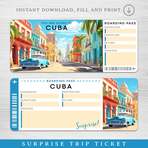 Digital CUBA Surprise Trip Gift Ticket, CUBA Printable Boarding Pass, Printable Boarding Pass, Vacation Ticket, Editable Gift