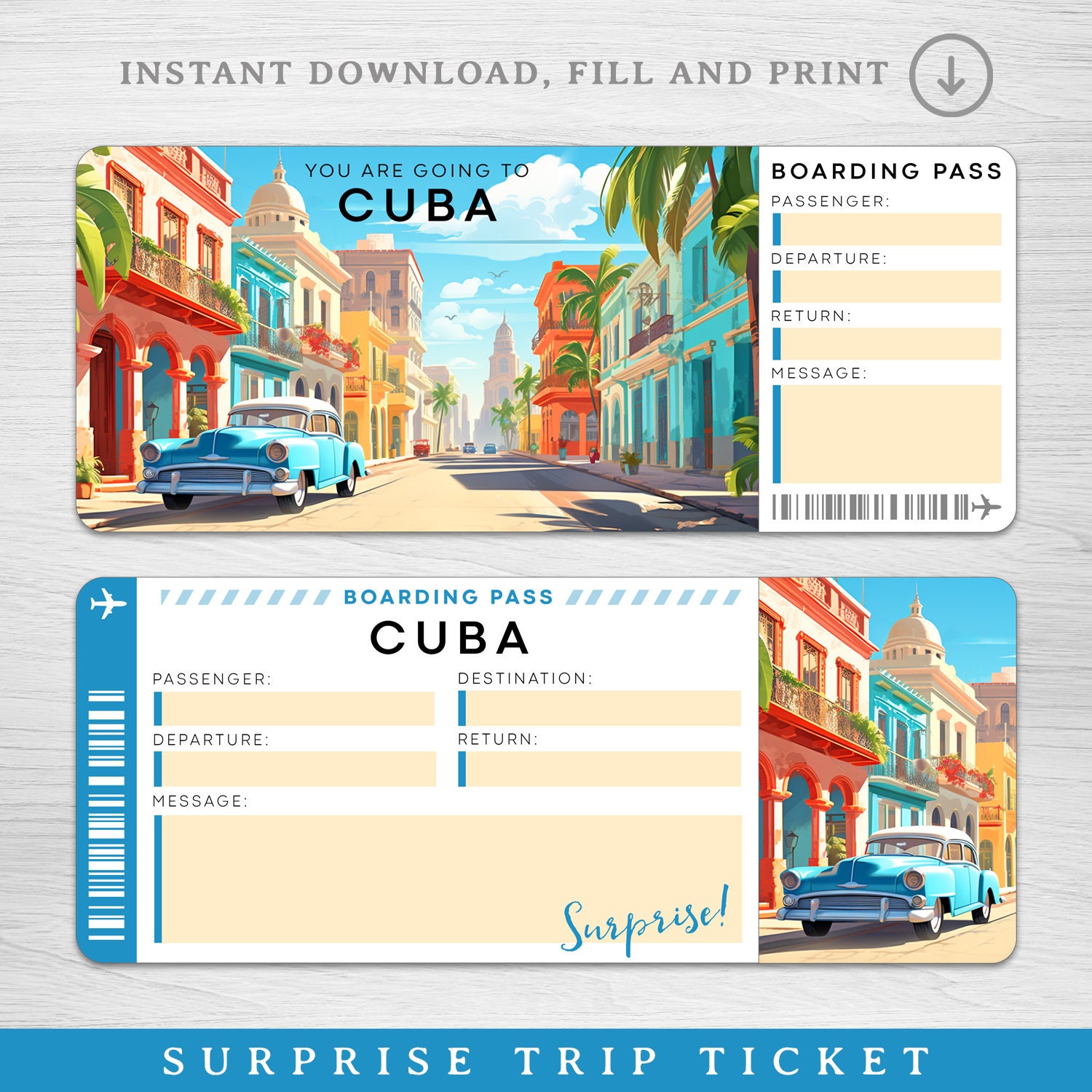 Digital CUBA Surprise Trip Gift Ticket, CUBA Printable Boarding Pass