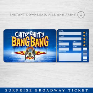 Puede incluir: Un boleto azul y dorado imprimible con el texto "Chitty Chitty Bang Bang" y una imagen de dibujos animados del coche volando en el cielo. El boleto tiene espacios en blanco para el nombre, el lugar, la fecha, la hora, la sección, el asiento y el mensaje.