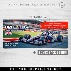 Druckbares Formel-Angebot, britischesGP-Faux-Angebot, bearbeitbares Silverstone-Rennticket, Rennandenken-Eintrittskarte, Überraschungsgeschenkkarte für ein Rennen