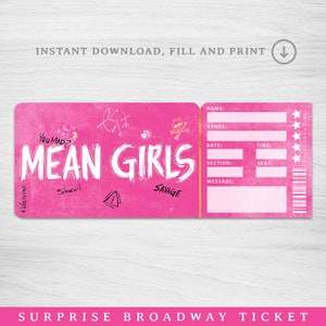 Druckbare Mean Girls Broadway Surprise Ticket, Mean Girls the Musical Collectible Theaterkarte, bearbeitbares Musiktheater Faux Event