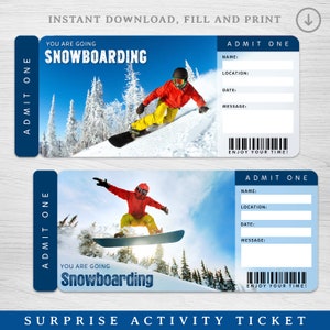 Digitales SNOWBOARDING Surprise Trip Gift Ticket, druckbares Reiseticket, druckbares Urlaubsticket, bearbeitbares Reiseticket, Urlaubsticket