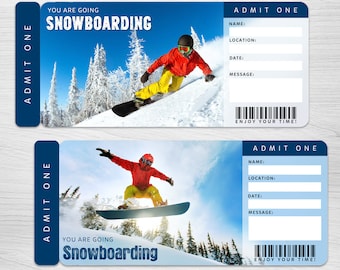 May include: Two blue and white printable activity tickets with a snowboarder in a red jacket and yellow pants on a snowy mountain. The text on the ticket says "You are going snowboarding" and "Admit One".