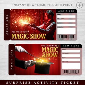 Könnte beinhalten: Zwei Zaubershow-Tickets mit rotem und goldenem Design. Auf den Tickets steht "ZULASSUNG EINS" und "SIE GEHEN ZU EINER ZAUBERSHOW". Auf einem Ticket ist ein Zauberer mit leuchtenden Händen abgebildet, auf dem anderen ein Zaubererhut.